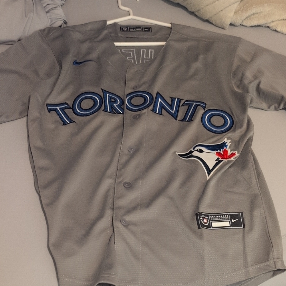 Nike Gray and Blue Toronto Script Baseball Jersey